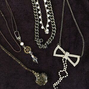 Steampunk Necklace Four Piece Bundle Metallic, Rhinestone and Glass Components